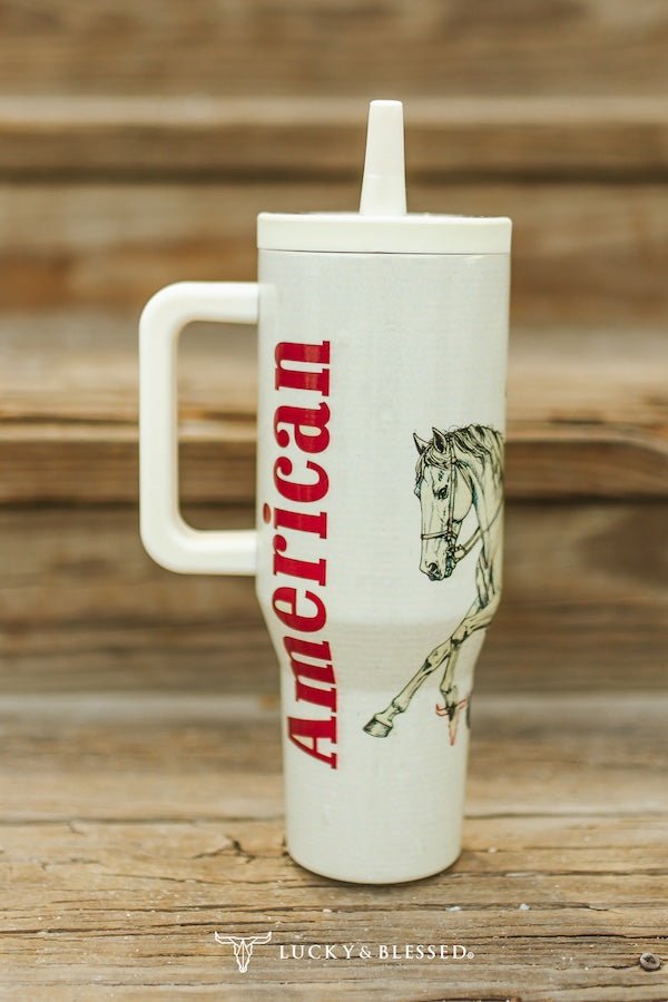 🇺🇸 American Cowgirl Riding Horse 40oz Tumbler (Patriotic Western)