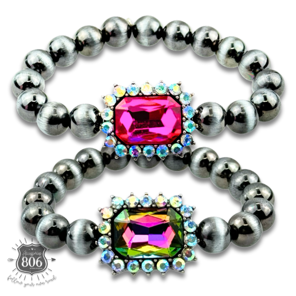 Navajo style burnished beaded bracelet, rhinestone charm