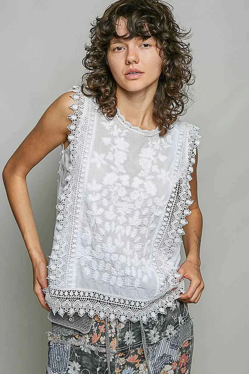 Off White Botanical Embroidered Scalloped Lace Sleeveless Top by POL