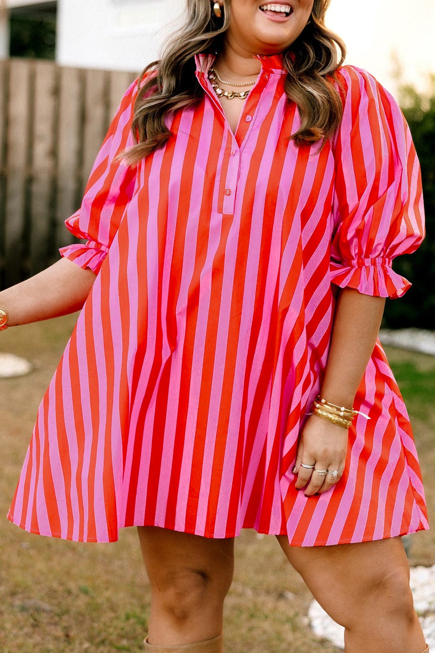 Plus Size Stripe Frilled Collar Button Mini Dress