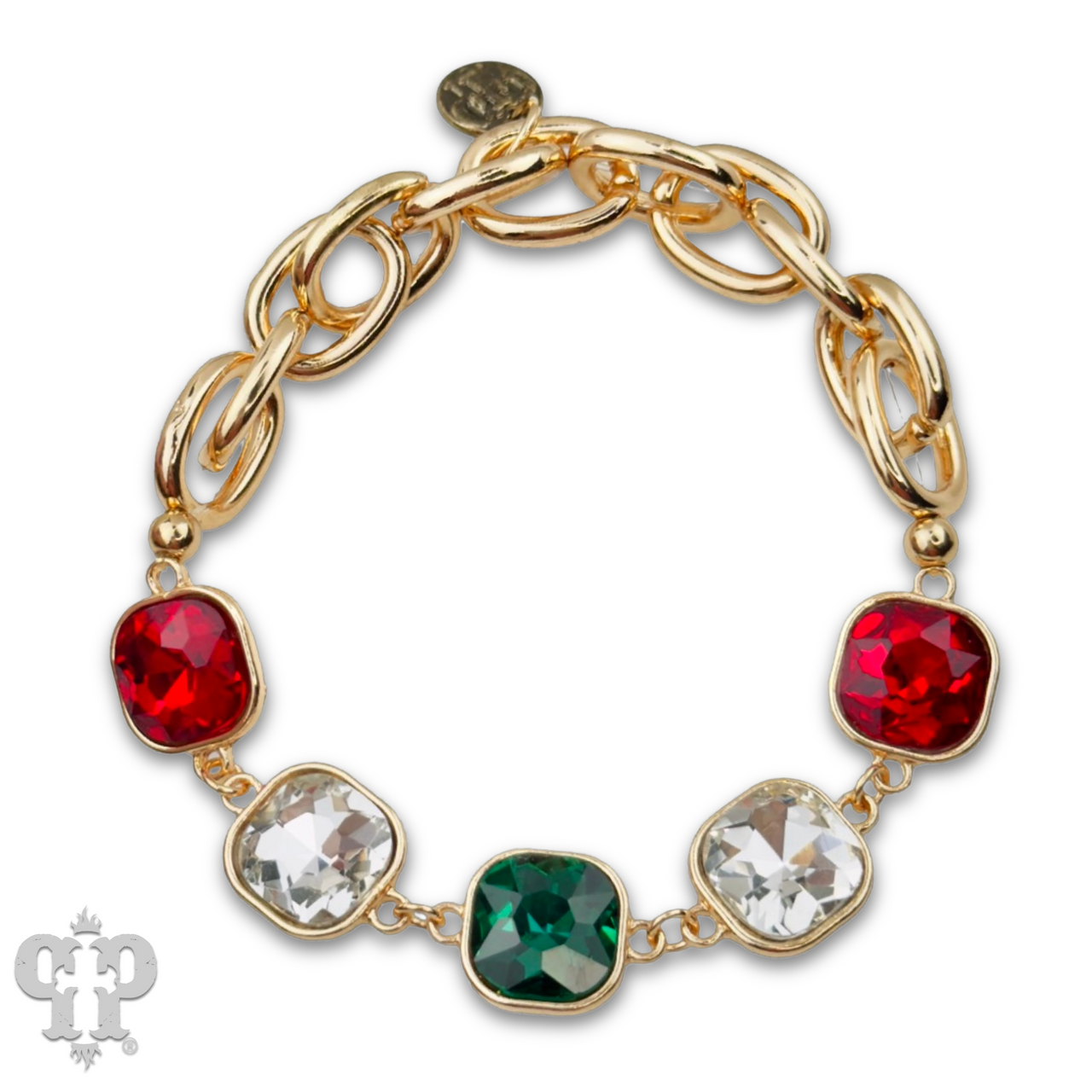 Square multi-color rhinestone and stretch gold tone curvy bracelet