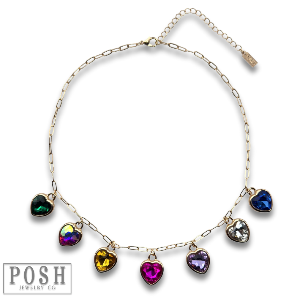 Pink Panache - Multi-color Rhinestone Heart Charm Necklace