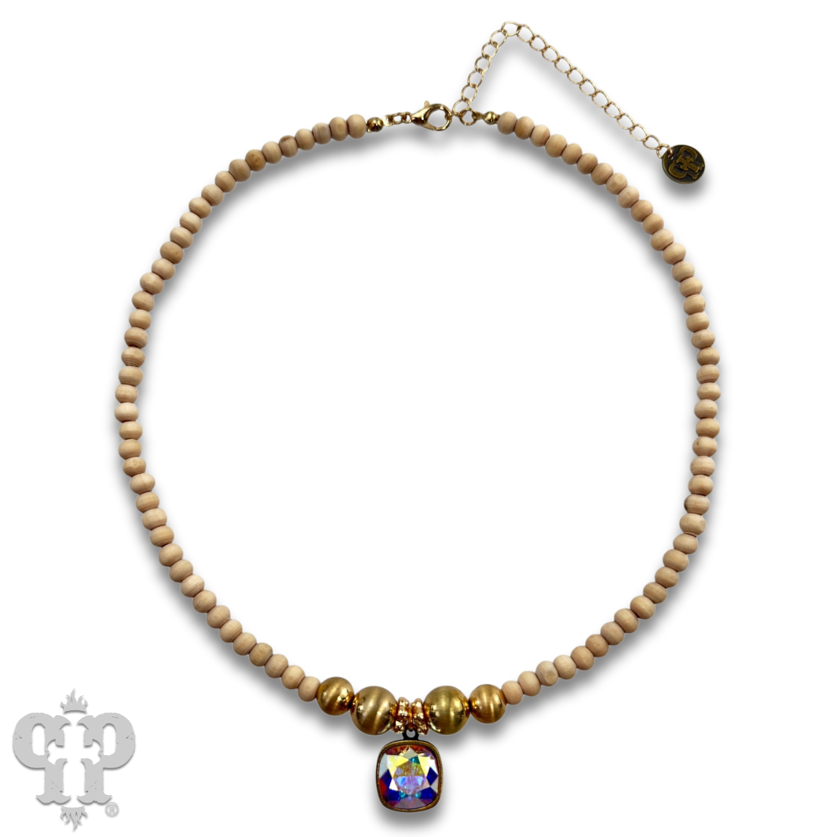 Round wood and brushed gold bead necklace with Austrian crystal, last call