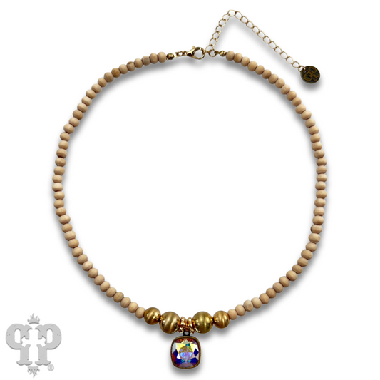 Round wood and brushed gold bead necklace with Austrian crystal, last call