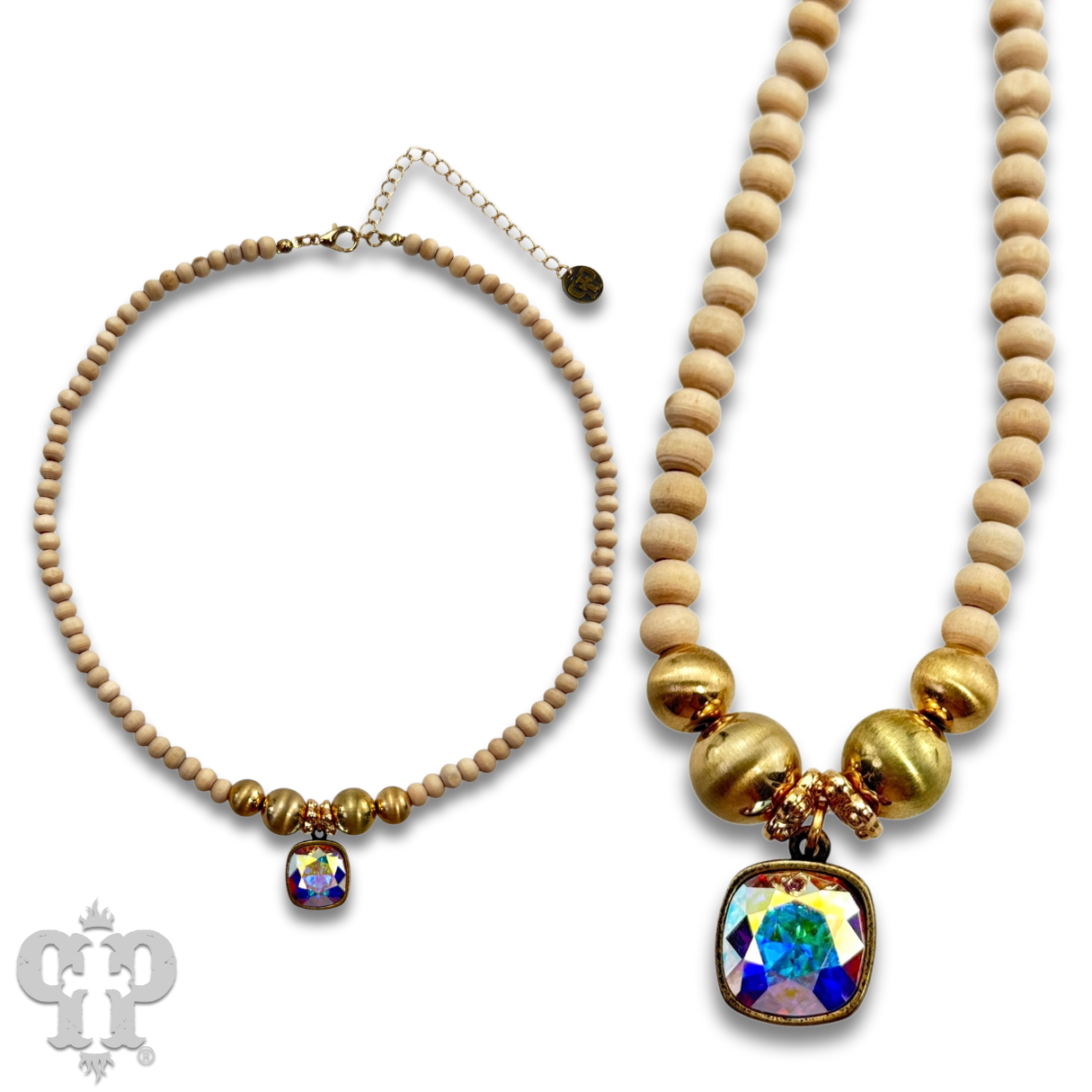 Round wood and brushed gold bead necklace with Austrian crystal, last call
