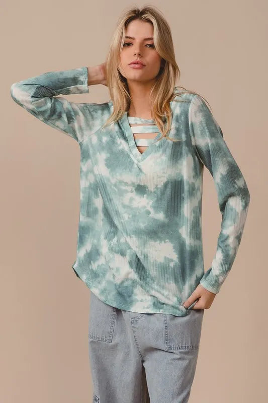 BiBi Variegated Tie Dye Rib V-Neck Top with Strapped
