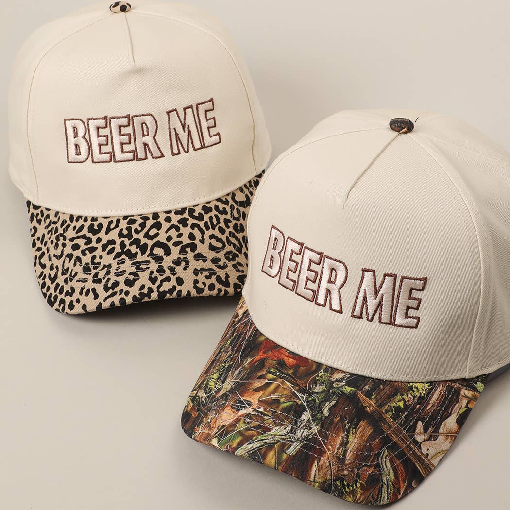 "Beer Me" Embroidered Trucker Hat — Leopard or Camo with Adjustable Strap & Breathable Mesh