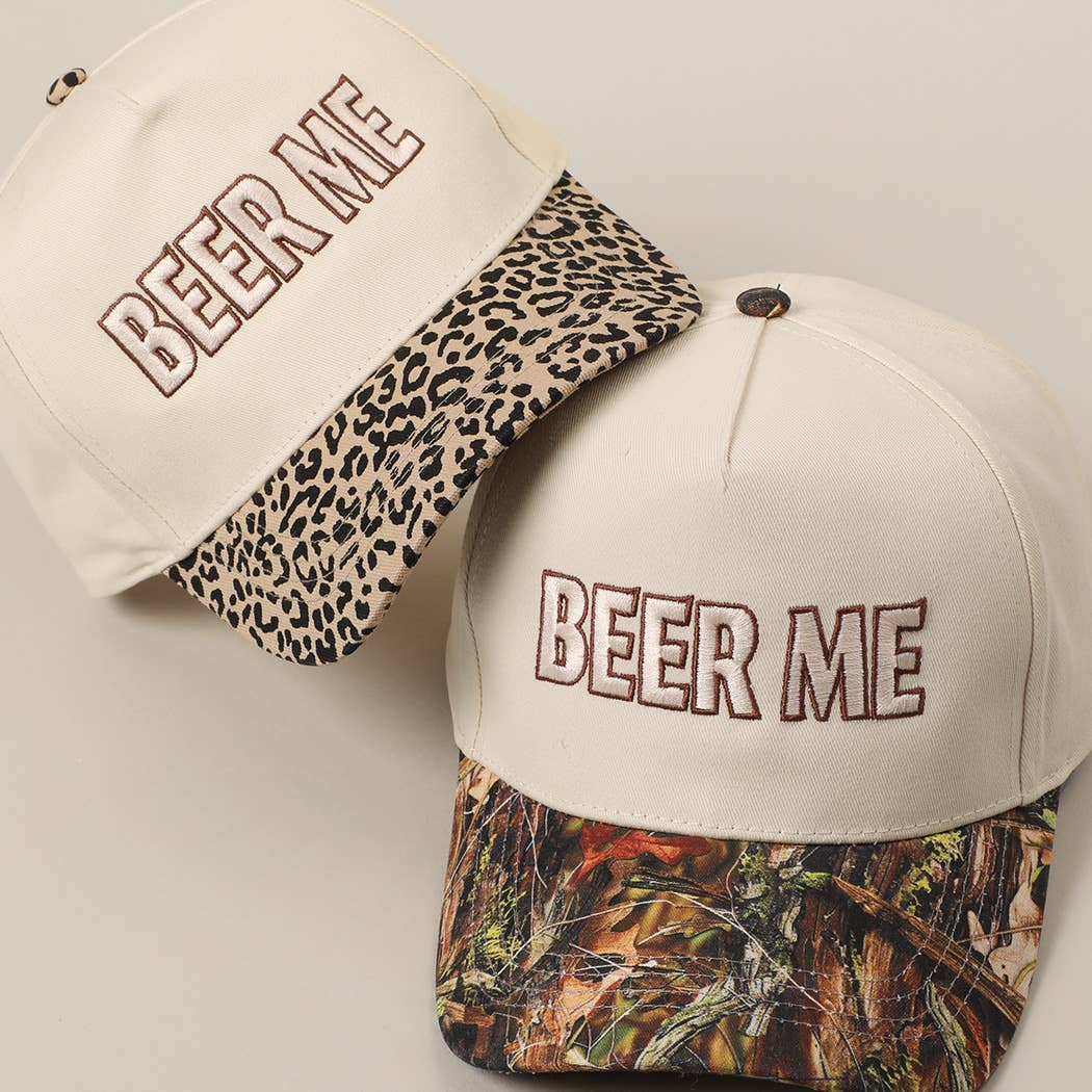 "Beer Me" Embroidered Trucker Hat — Leopard or Camo with Adjustable Strap & Breathable Mesh