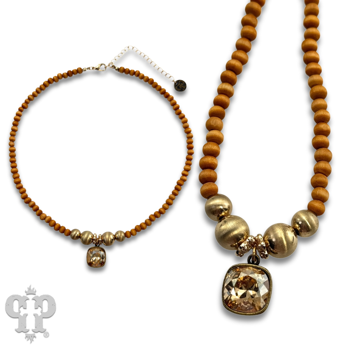 Round wood and brushed gold bead necklace with Austrian crystal, last call