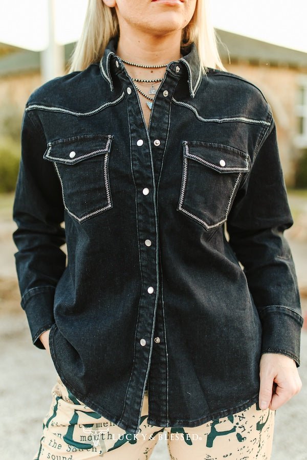 LUCKY & BLESSED Black Contrast Stitching Pearl Snap Denim Western Shirt — Modern Cowgirl Structured Fit