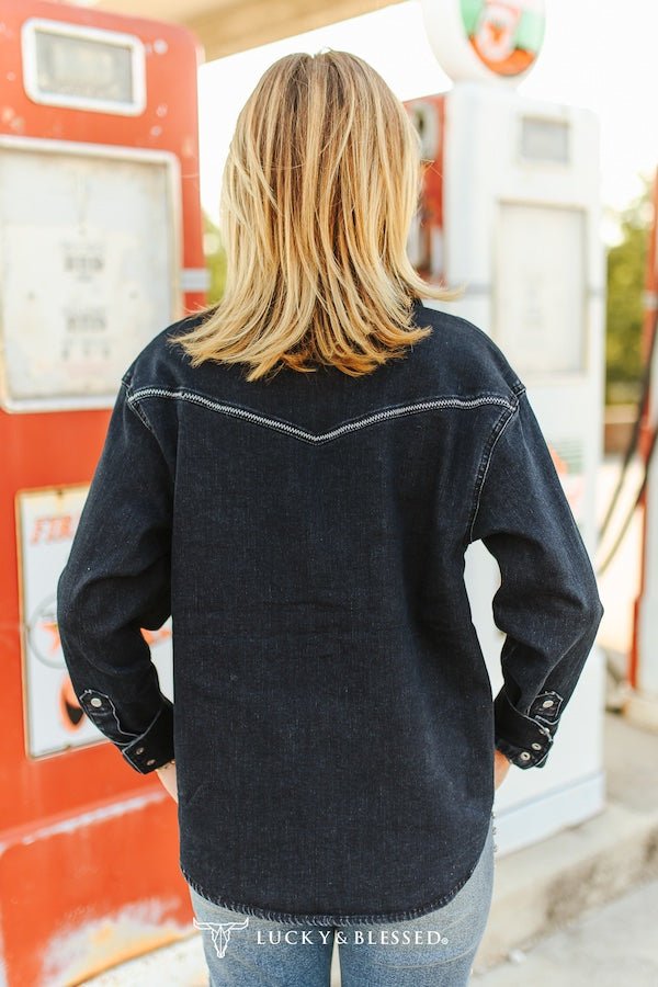 LUCKY & BLESSED Black Contrast Stitching Pearl Snap Denim Western Shirt — Modern Cowgirl Structured Fit
