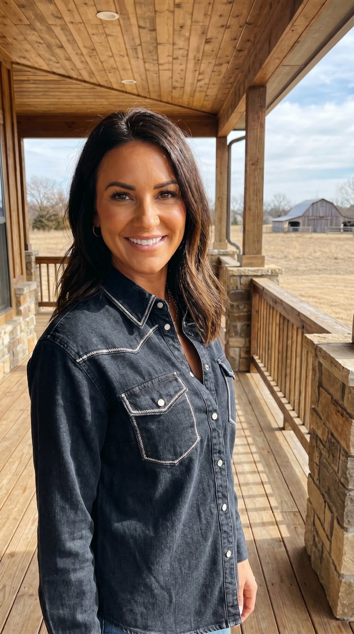 LUCKY & BLESSED Black Contrast Stitching Pearl Snap Denim Western Shirt — Modern Cowgirl Structured Fit