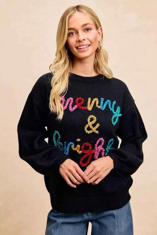 Black Tinsel Lettering Christmas Sweater
