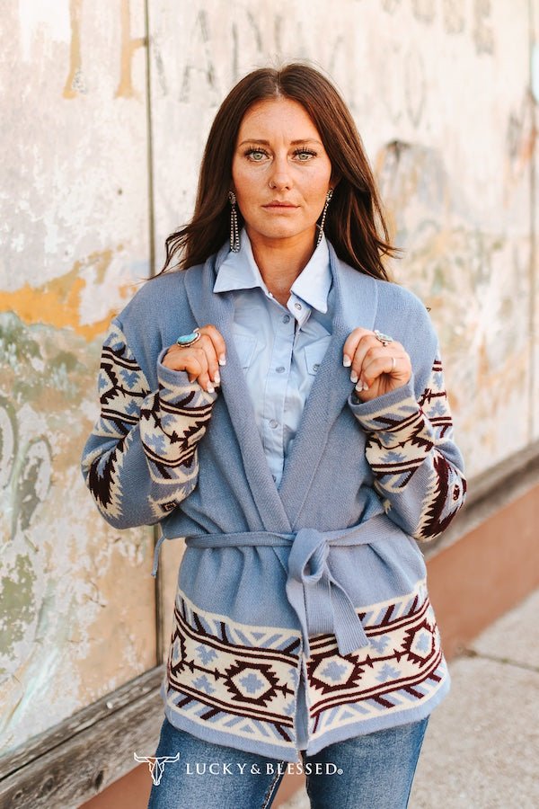 LUCKY & BLESSED Dusty Blue Aztec Knit Belted Cardigan — Open-Front Shawl Collar with Side Pockets