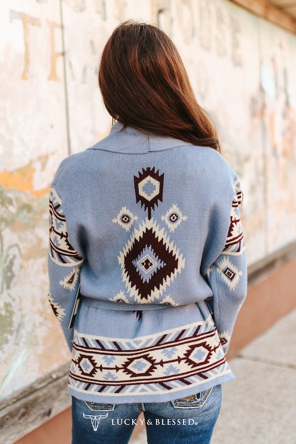LUCKY & BLESSED Dusty Blue Aztec Knit Belted Cardigan — Open-Front Shawl Collar with Side Pockets