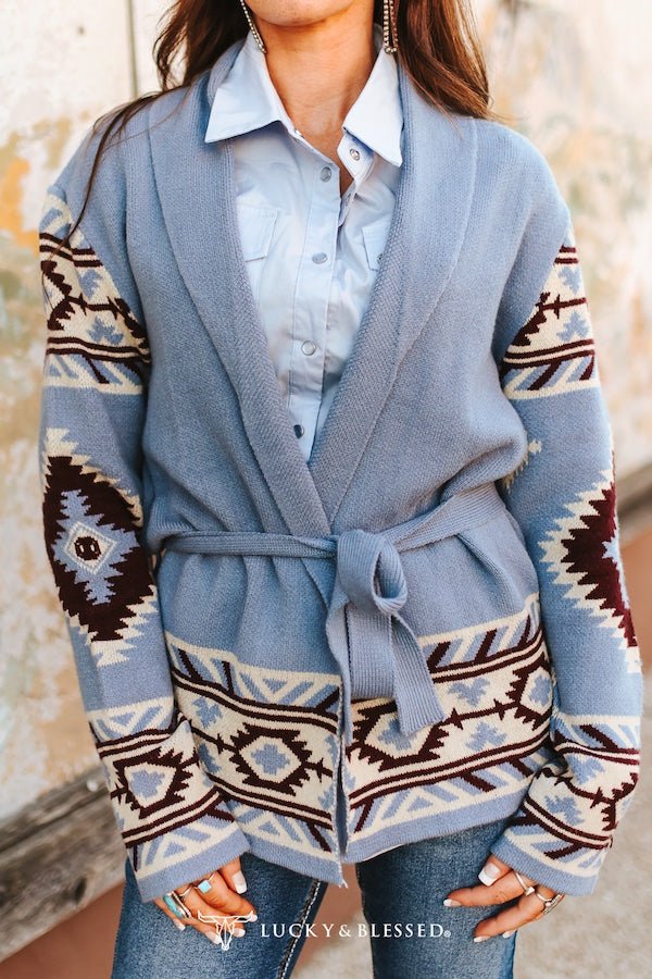 LUCKY & BLESSED Dusty Blue Aztec Knit Belted Cardigan — Open-Front Shawl Collar with Side Pockets