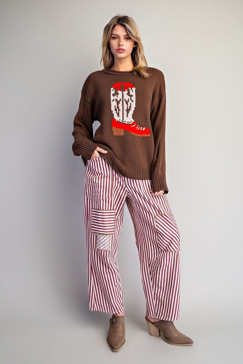 Style U "Boots" Western Intarsia Sweater — Chestnut Brown with Red Boot Graphic & Distressed Edges
