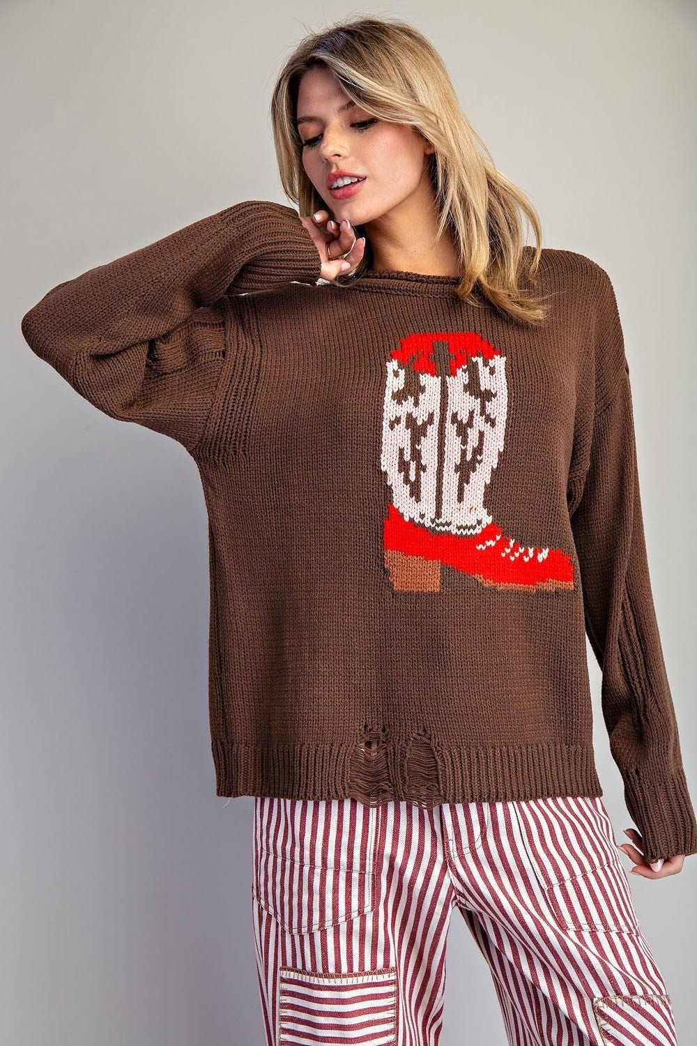 Style U "Boots" Western Intarsia Sweater — Chestnut Brown with Red Boot Graphic & Distressed Edges