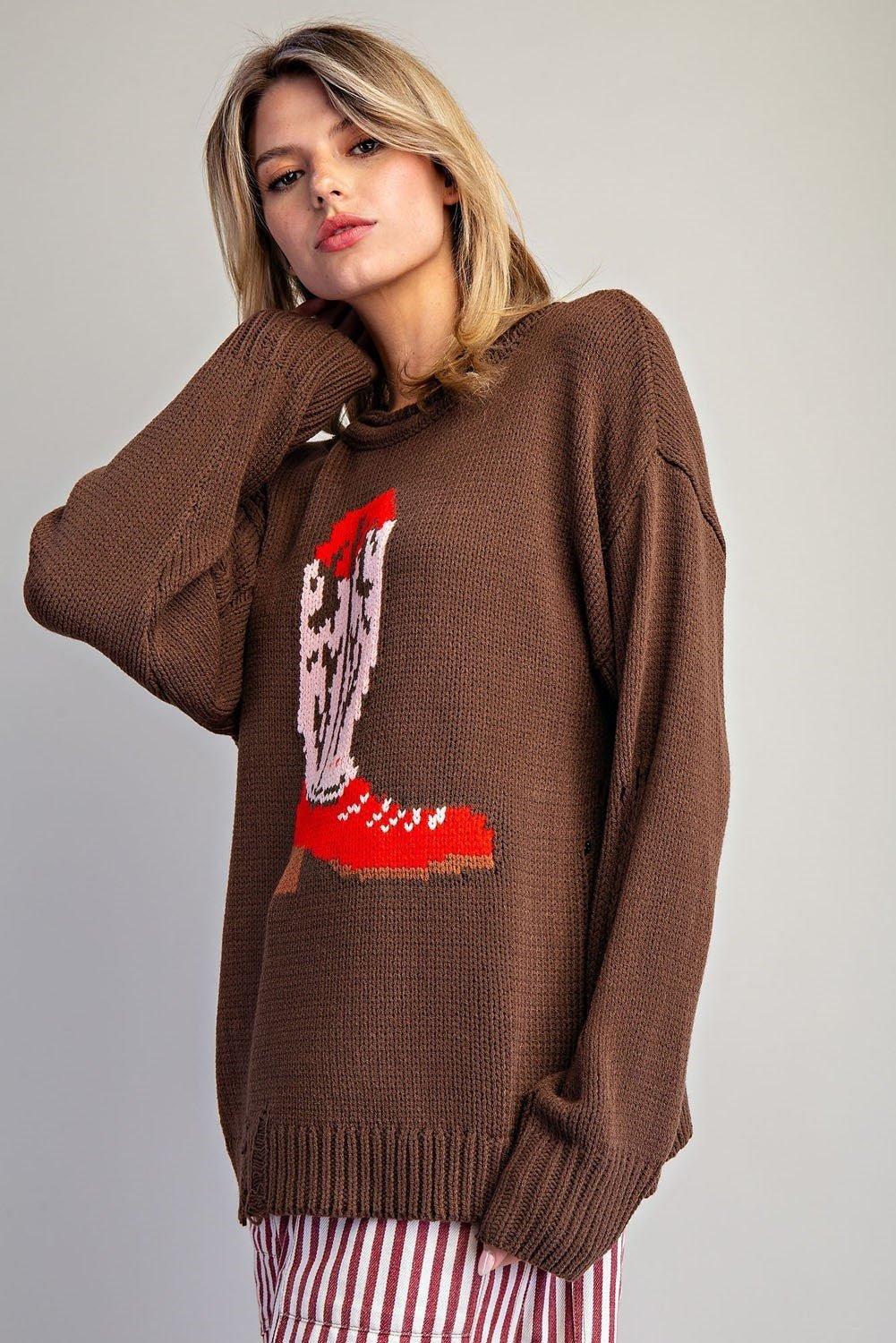Style U "Boots" Western Intarsia Sweater — Chestnut Brown with Red Boot Graphic & Distressed Edges