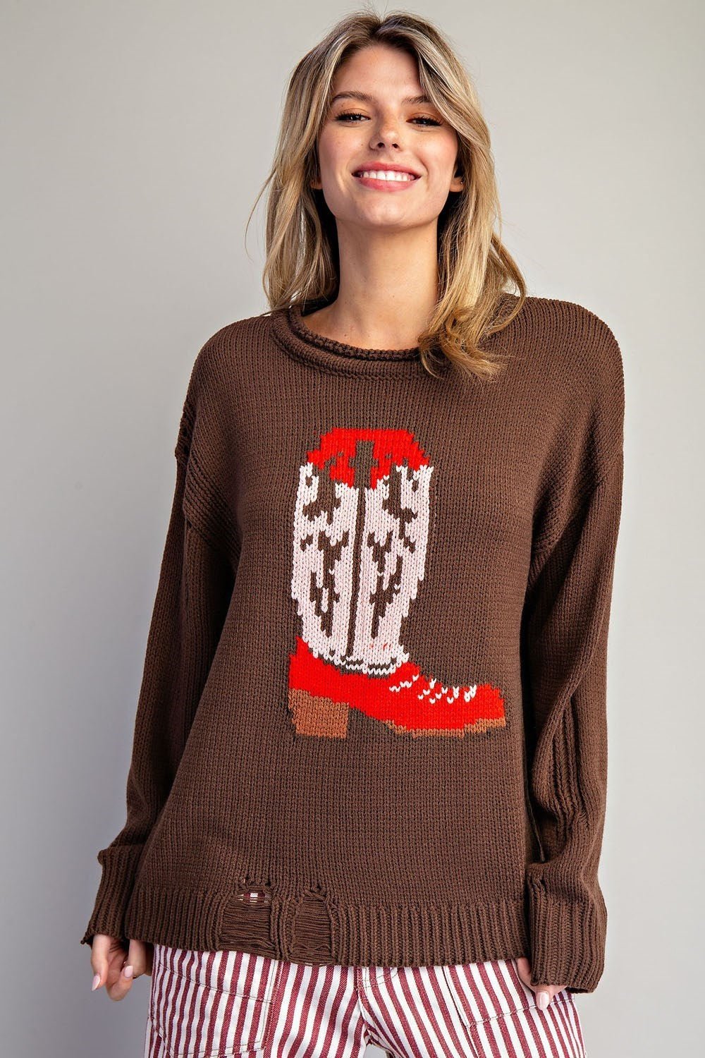 Style U "Boots" Western Intarsia Sweater — Chestnut Brown with Red Boot Graphic & Distressed Edges