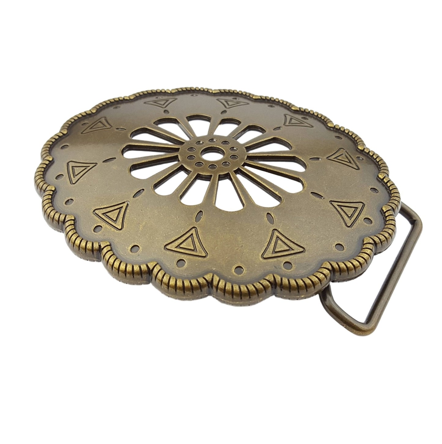 Navajo-Inspired Vintage Brass Open Work Western Belt Buckle — Matte Brass with Floral Cut-Out