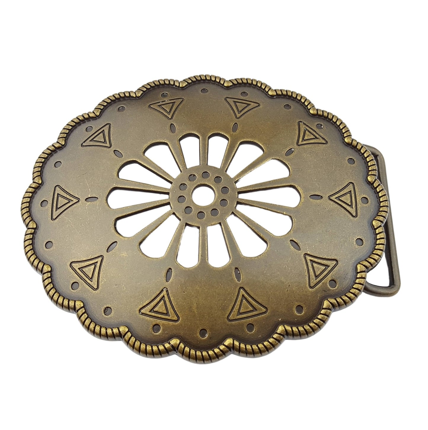 Navajo-Inspired Vintage Brass Open Work Western Belt Buckle — Matte Brass with Floral Cut-Out