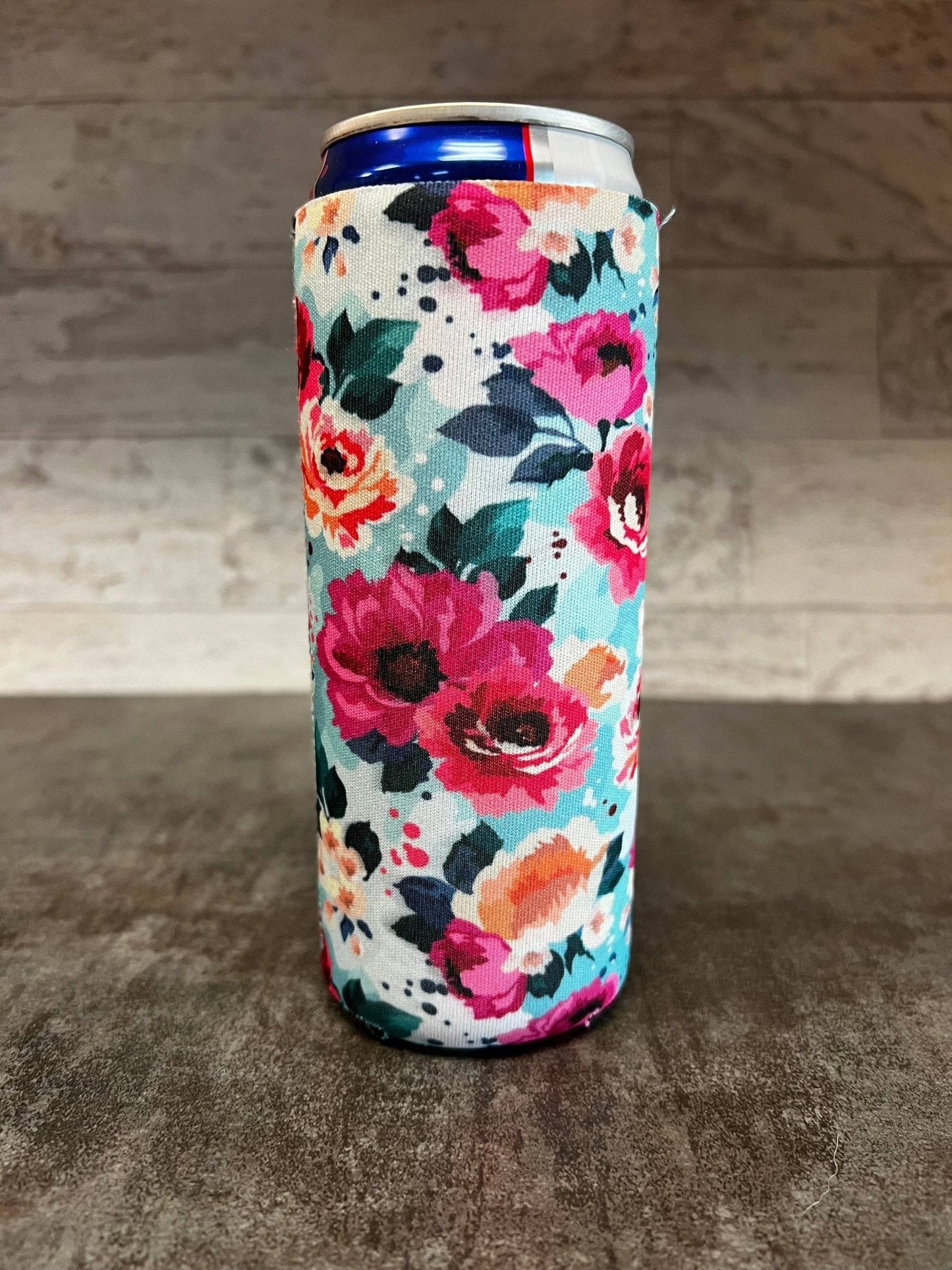 Bright Flowers Print Slim 12oz Can Koozie