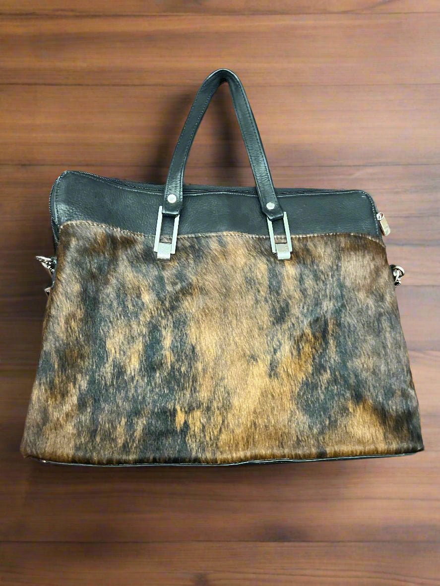 Western Brindle Hair-on-Hide Purse — Padded Laptop Compartment with Adjustable Crossbody Strap (14.5")