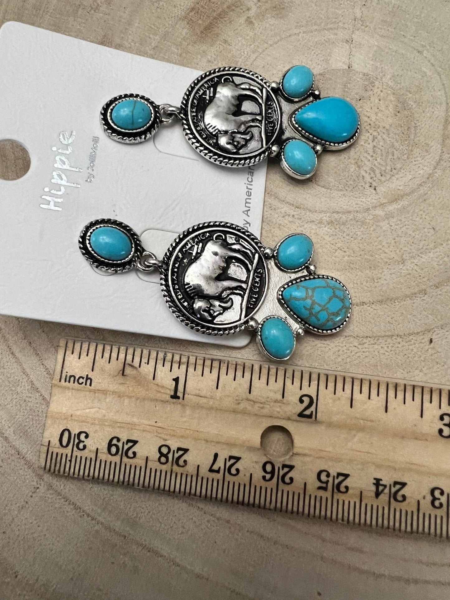 Western Buffalo Coin Cluster Earrings with Faux Turquoise — 2" Oxidized Silver Statement