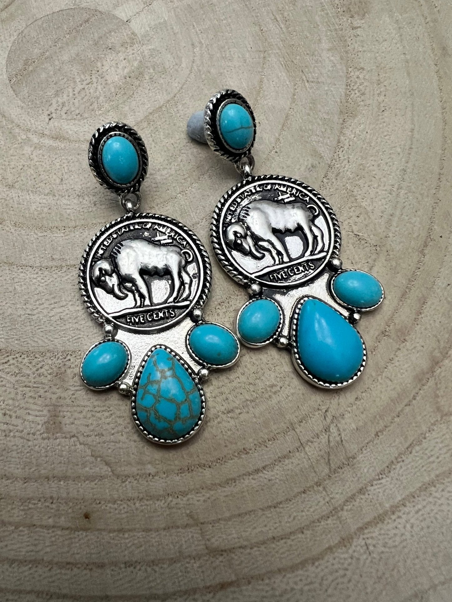 Western Buffalo Coin Cluster Earrings with Faux Turquoise — 2" Oxidized Silver Statement