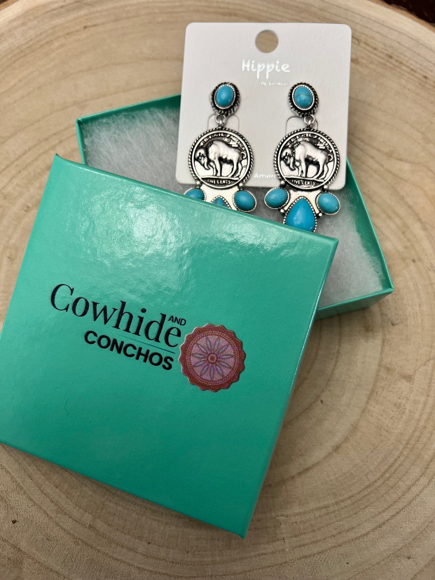 Western Buffalo Coin Cluster Earrings with Faux Turquoise — 2" Oxidized Silver Statement