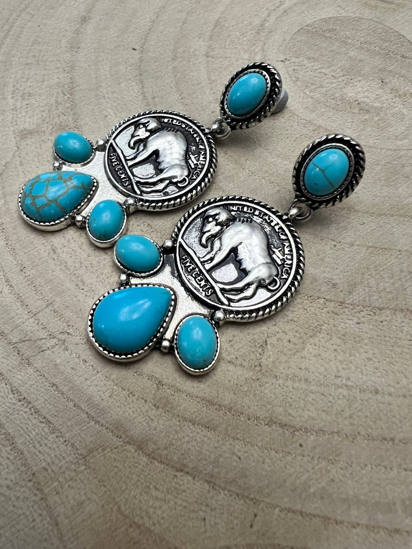 Western Buffalo Coin Cluster Earrings with Faux Turquoise — 2" Oxidized Silver Statement