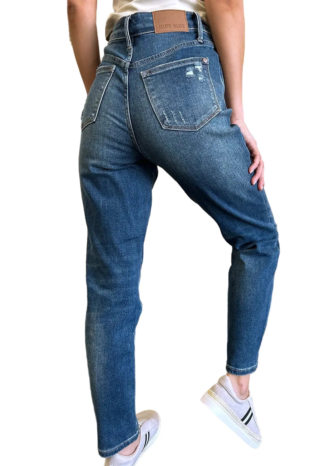 Womens Plus Size High-Waisted Skinny Jeans in Medium Blue Denim with Full Length, Button and Zipper