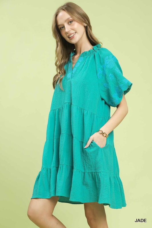 Umgee Embroidered Tiered Puff Sleeve Mini Dress