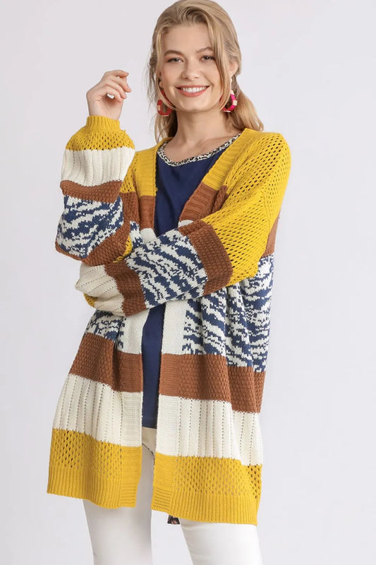 Umgee Full Size Color Block Open Front Longline Cardigan Plus Size