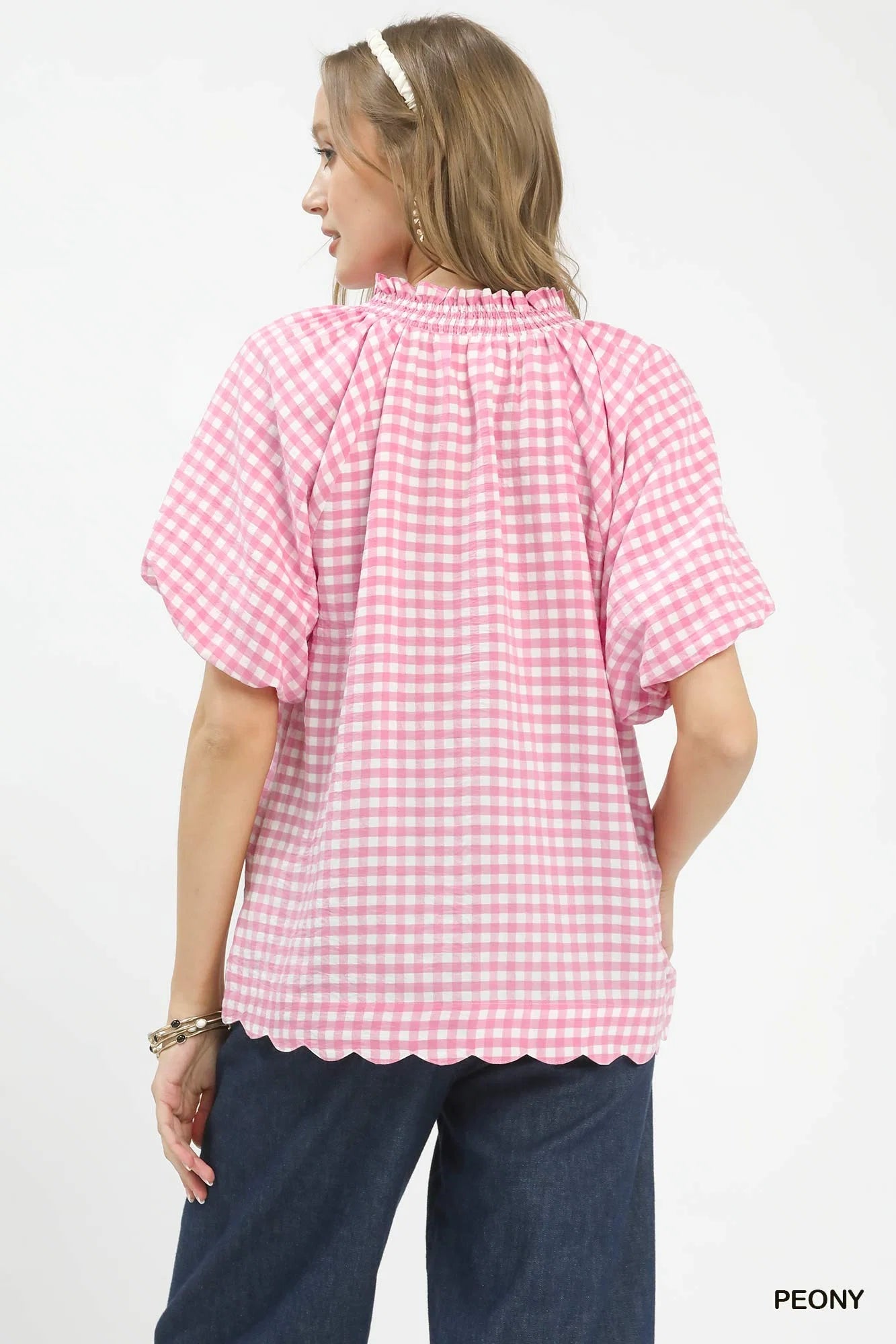 Umgee Gingham Bubble Sleeve Blouse with Scallop Hem