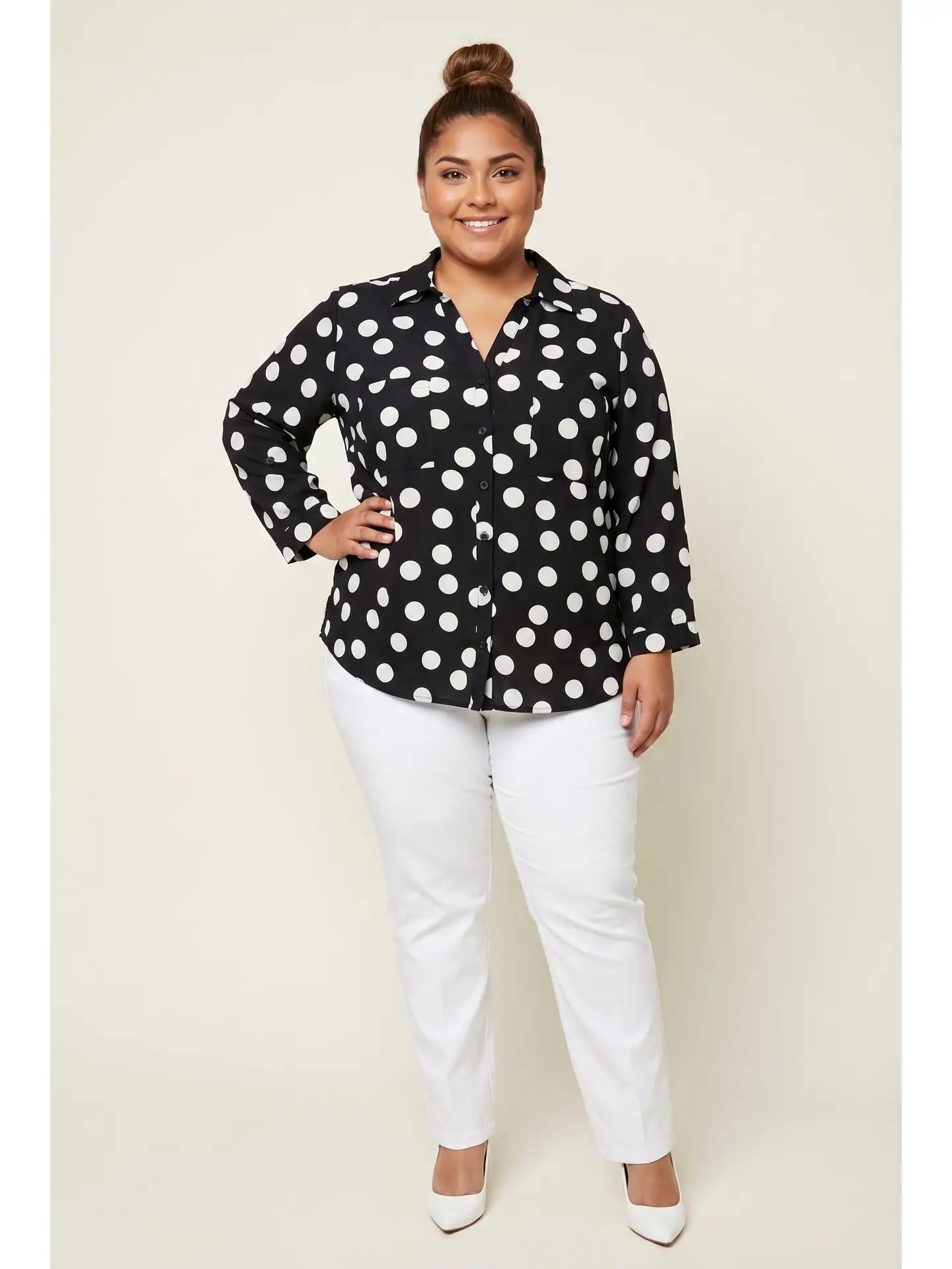 Spin Plus Size Black and White Polka Dot Blouse