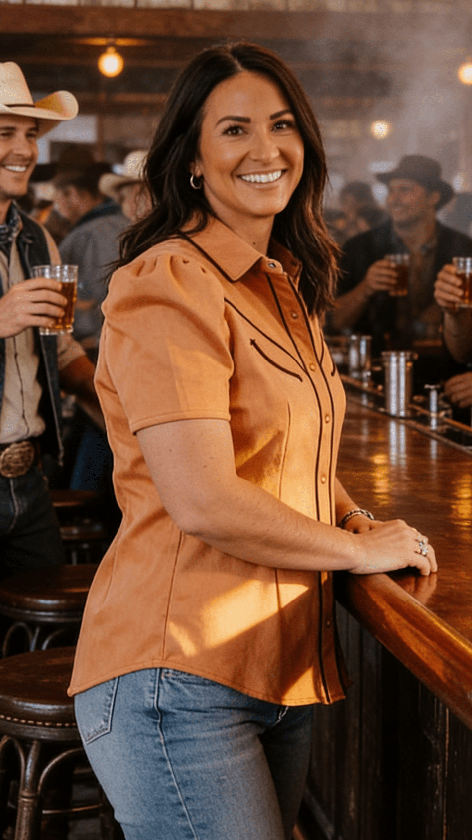 LUCKY & BLESSED Camel Suede Western Pearl Snap Top — Puff Sleeve with Contrast Arrow Piping