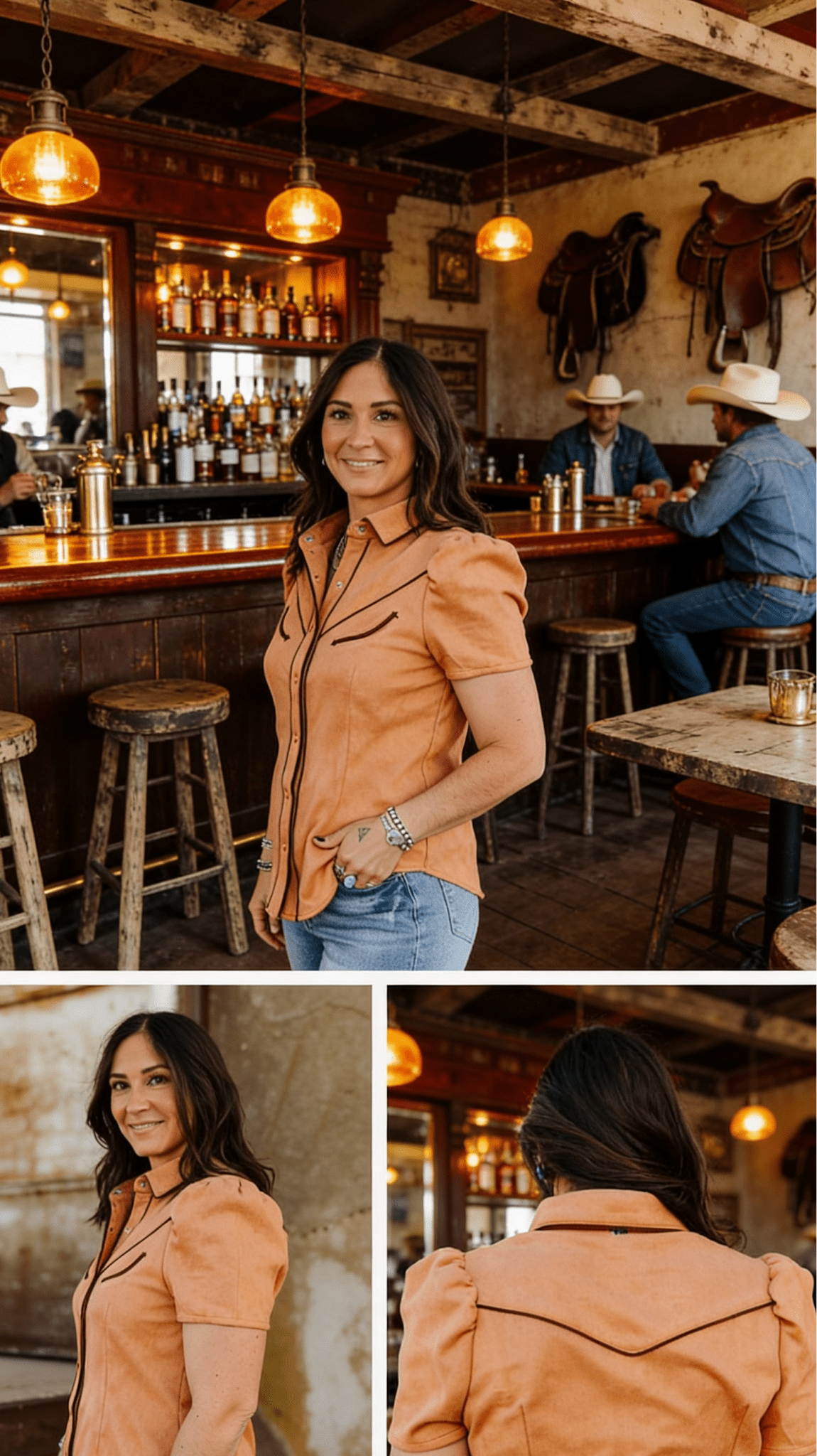 LUCKY & BLESSED Camel Suede Western Pearl Snap Top — Puff Sleeve with Contrast Arrow Piping