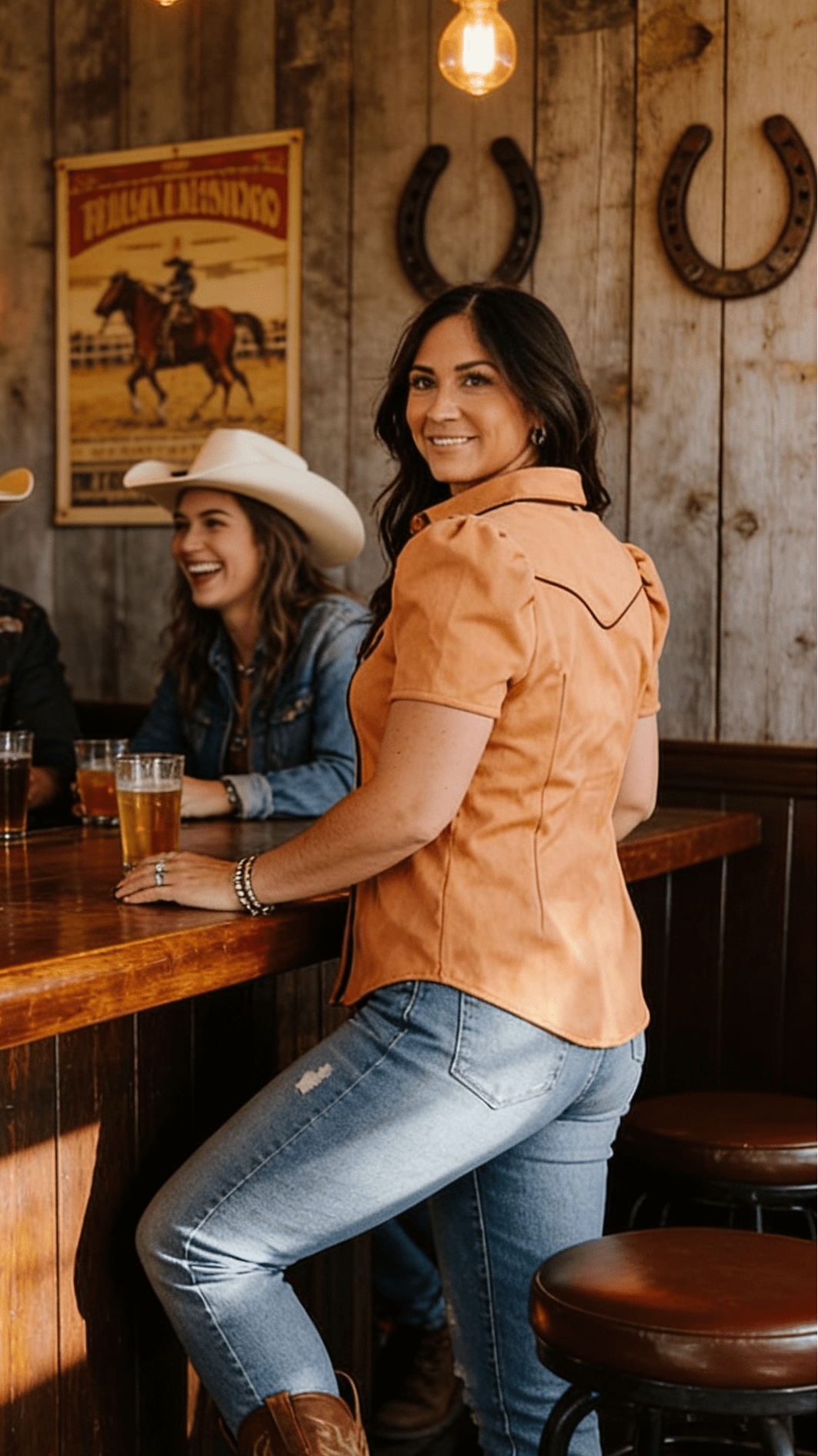 LUCKY & BLESSED Camel Suede Western Pearl Snap Top — Puff Sleeve with Contrast Arrow Piping