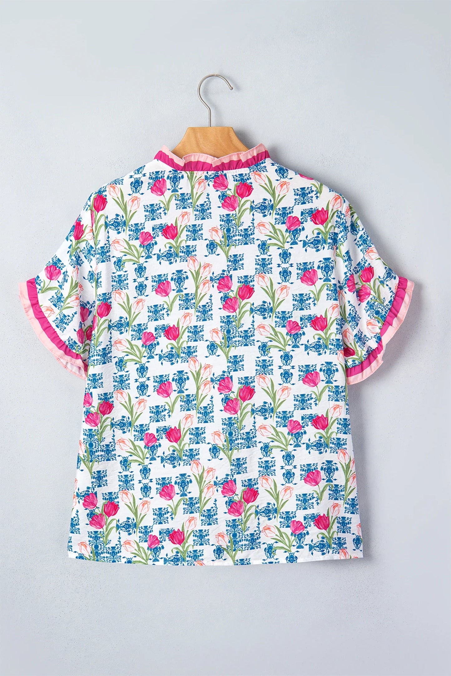 Floral Ruffle V-Neck Short Sleeve Tunic Shirt