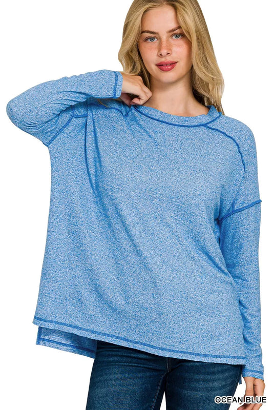 Zenana Full Size Melange Hacci Exposed Seam Hi-low Tee Plus Size