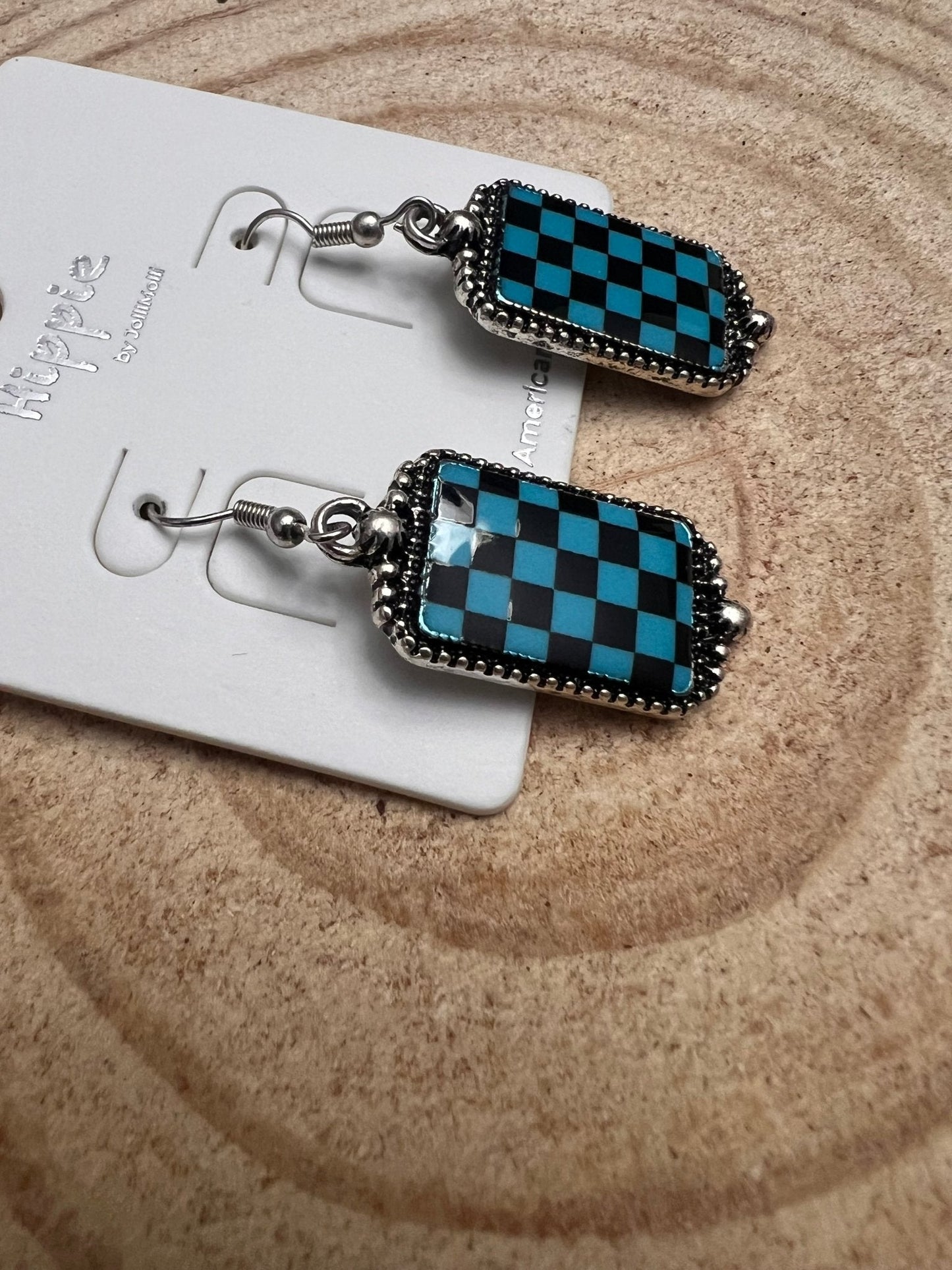 Western Turqoise and Black Checkered Rectangle Earrings — 1½" Drop