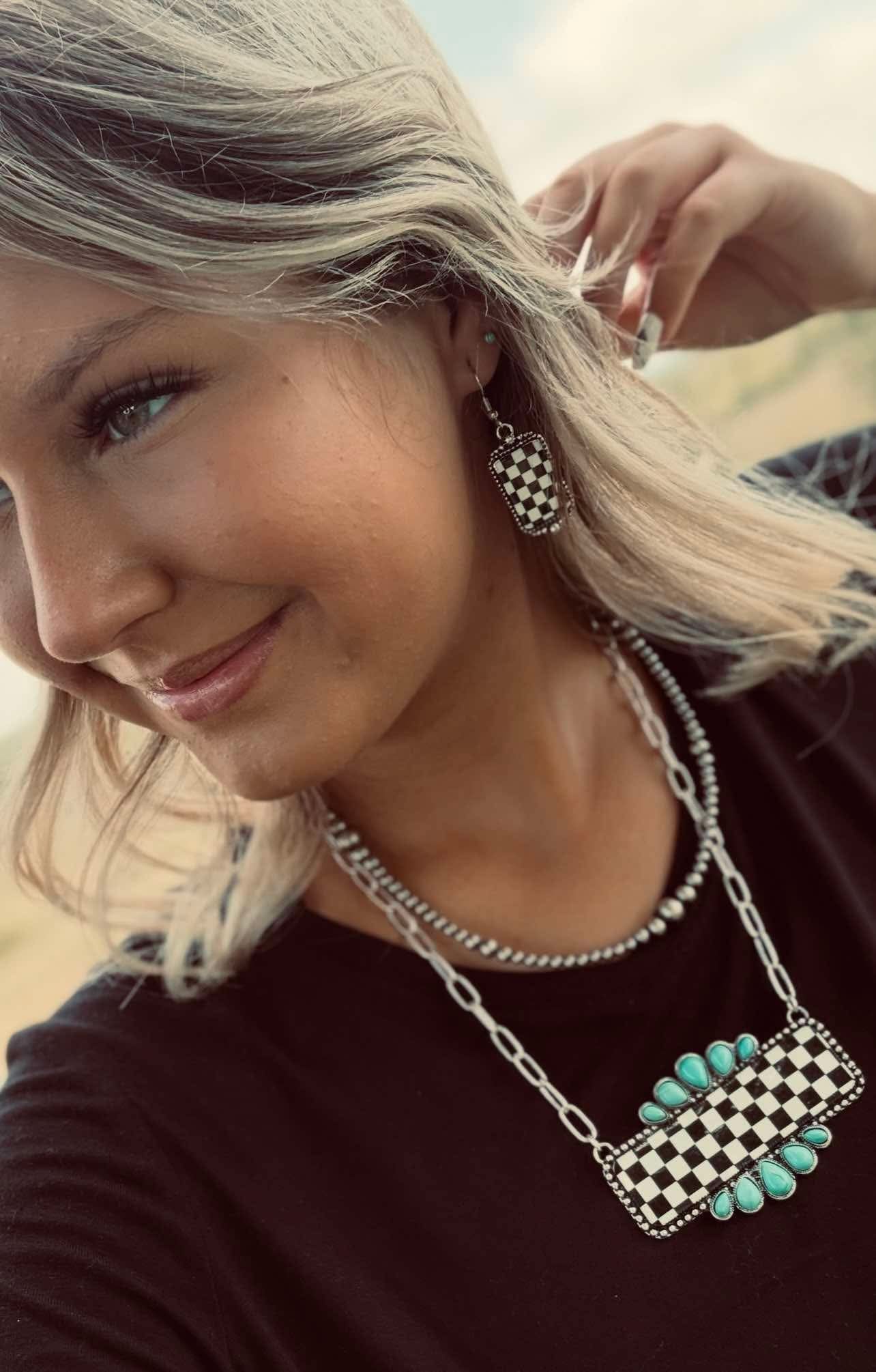 Western Black & White Checkered Rectangle Earrings — 1½" Drop