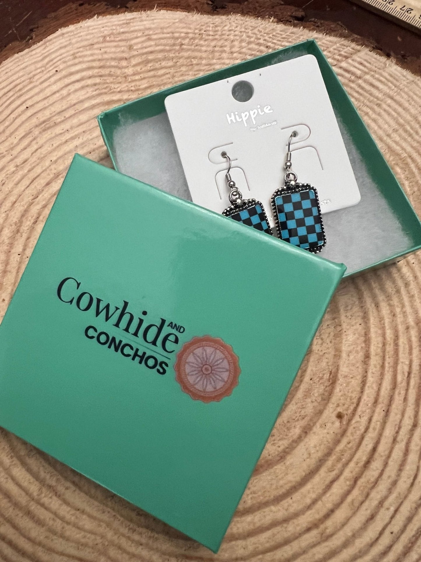Western Turqoise and Black Checkered Rectangle Earrings — 1½" Drop