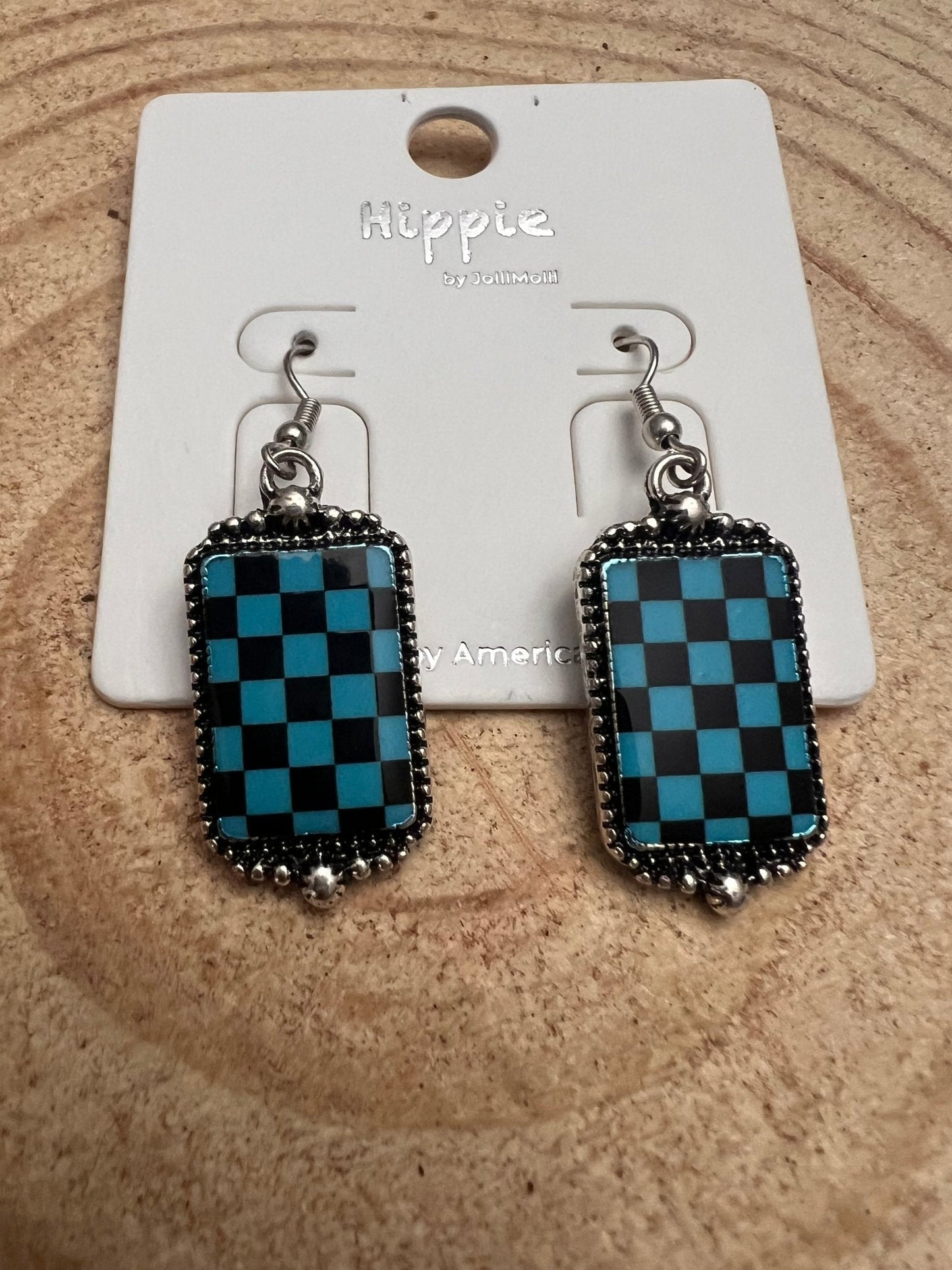 Western Turqoise and Black Checkered Rectangle Earrings — 1½" Drop