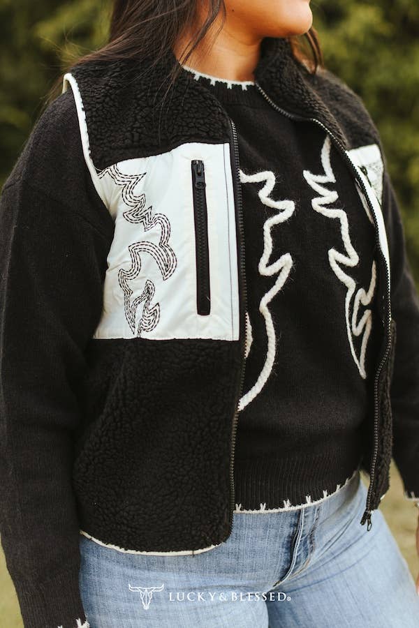 LUCKY & BLESSED Contrast Black Sherpa Western Vest — Cream Quilted Panels with Boot Stitch Aztec Embroidery & Dual Zip Pockets