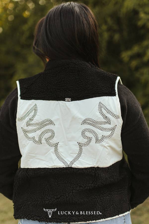 LUCKY & BLESSED Contrast Black Sherpa Western Vest — Cream Quilted Panels with Boot Stitch Aztec Embroidery & Dual Zip Pockets