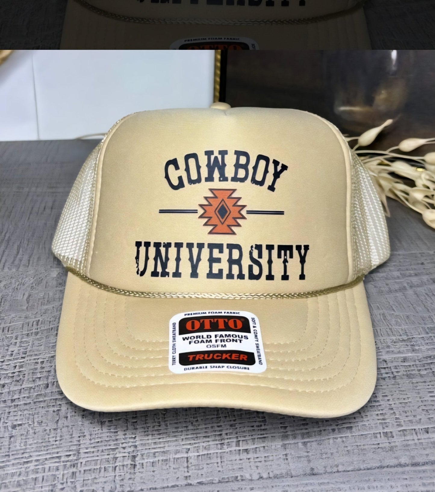"Cowboy University" Trucker Hat — Otto 5-Panel Foam Front with Breathable Mesh Back