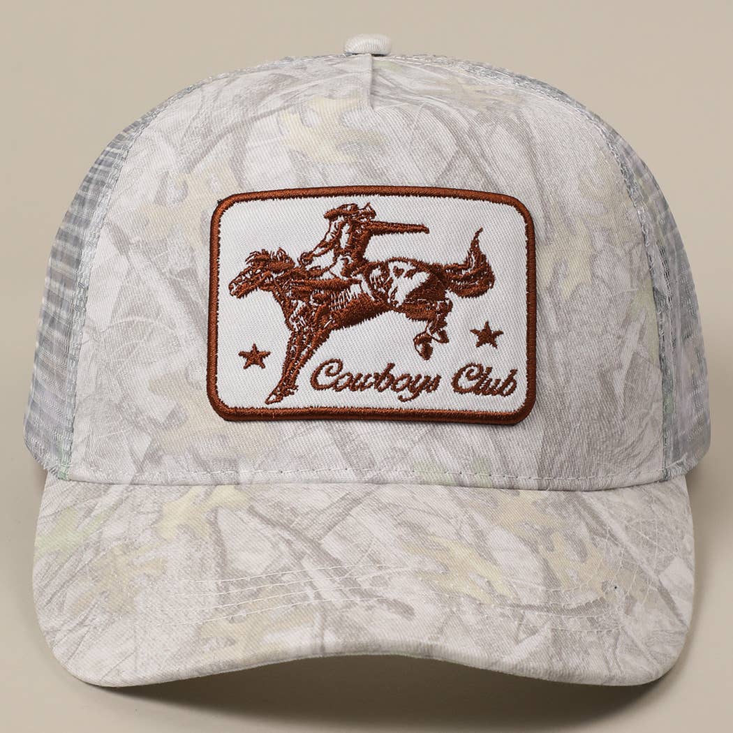 "Cowboys Club" Cowboy & Horse Embroidered Patch Mesh Cap — Wild West Charm with Adjustable Snapback